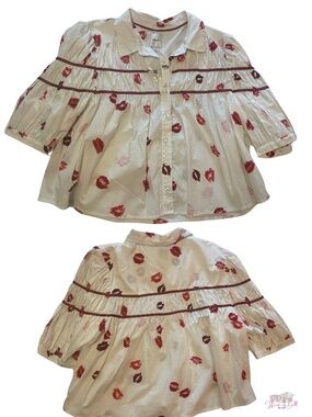 Maeve Anthropologie Lips Print Poplin Pintuck Blouse Ivory Red Size L NWT